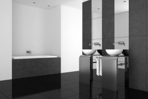 modern bathroom with double basin and black floor