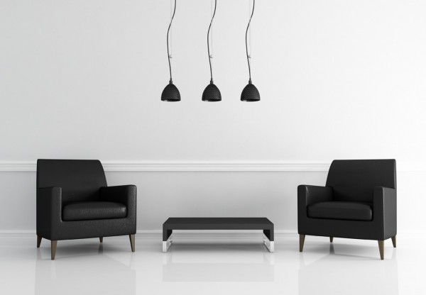 two black leather armchair in a white living room - rendering